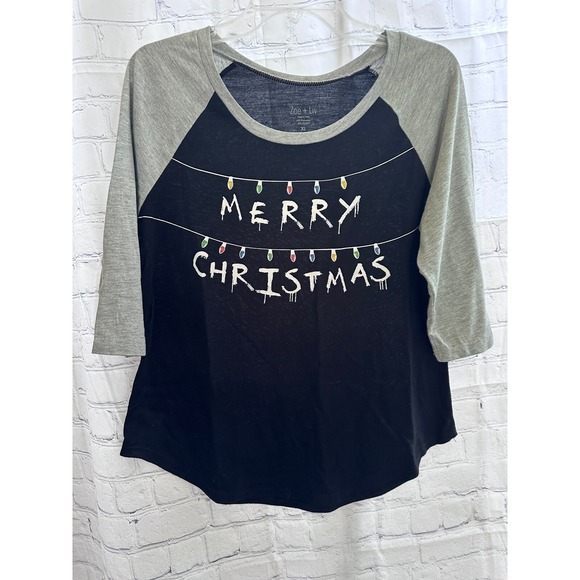 Zoe + Liv Tops - Zoe + Liv Merry Christmas Raglan Tee Holiday Top Lights XL